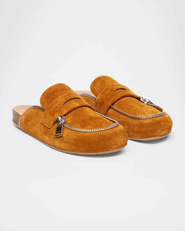 Biker Suede Zipper Penny Loafer Mules